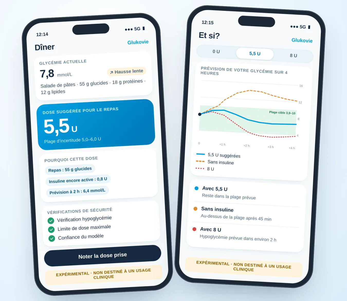 Concept sur deux téléphones : une dose d’insuline suggérée pour le repas avec ses raisons et ses vérifications de sécurité, et une prévision « Et si? » comparant trois doses